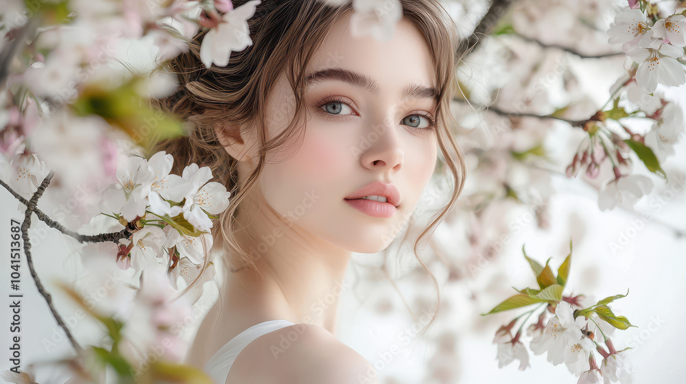 Young woman with delicate features surrounded by cherry blossoms, capturing a serene and ethereal beauty in natural light Young woman with delicate features surrounded by cherry blossoms, capturing a serene and ethereal beauty in natural light