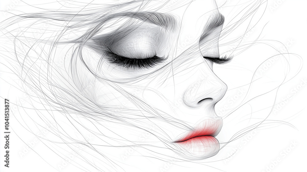 Fototapeta premium A sketchy drawing of a love-inspired mask, featuring delicate, swirling lines that form heart-like patterns around the eyes and mouth. The design is abstract yet expressive, with l