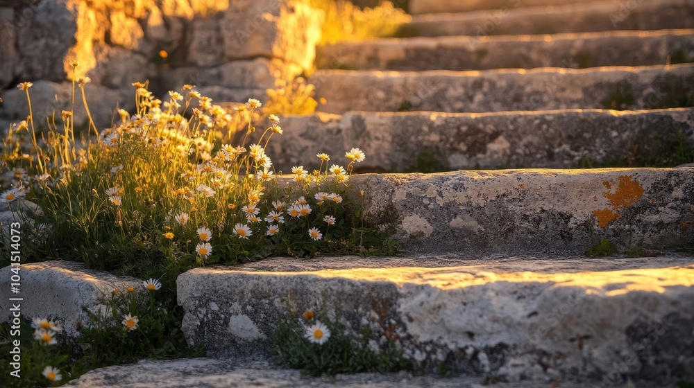 Worn ancient steps leading to a Greek temple tiny wildflowers growing in cracks sunlight filtering in Worn ancient steps leading to a Greek temple tiny wildflowers growing in cracks sunlight filtering in