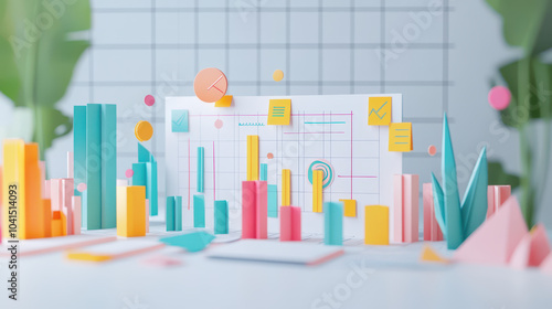 Project Management Paper Cut-Out Illustration: Layered Timeline with Milestones and Origami-Inspired Icons on a Clean White Background. Vibrant Colors and Balanced Exposure.