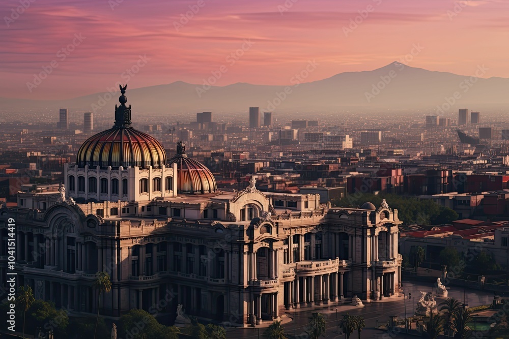 Fototapeta premium Palace with dome, city skyline, sunset sky.