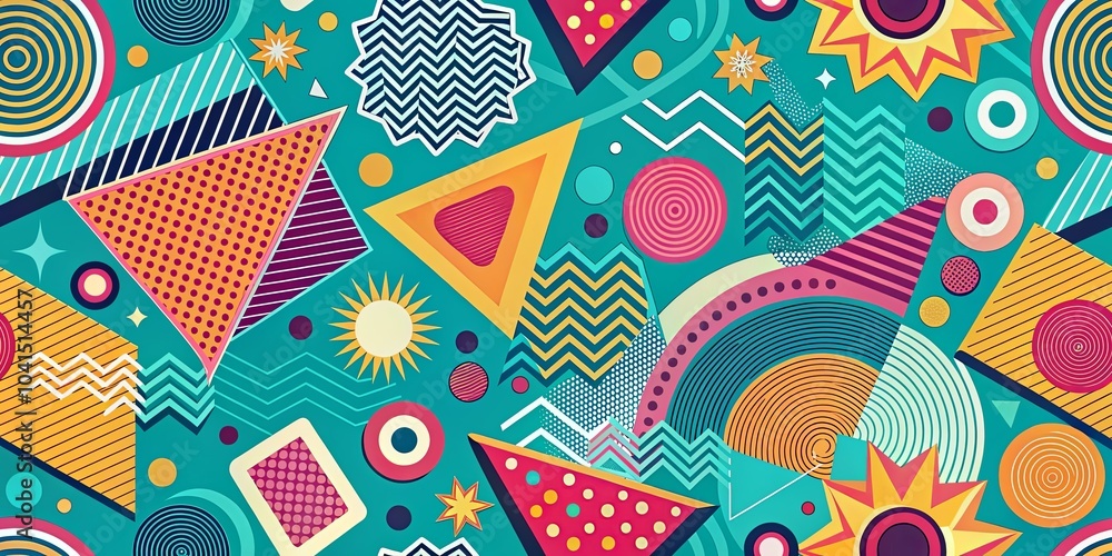Naklejka premium A vibrant tapestry of geometric shapes and patterns, a kaleidoscope of color and form, playfully dancing on a teal canvas.