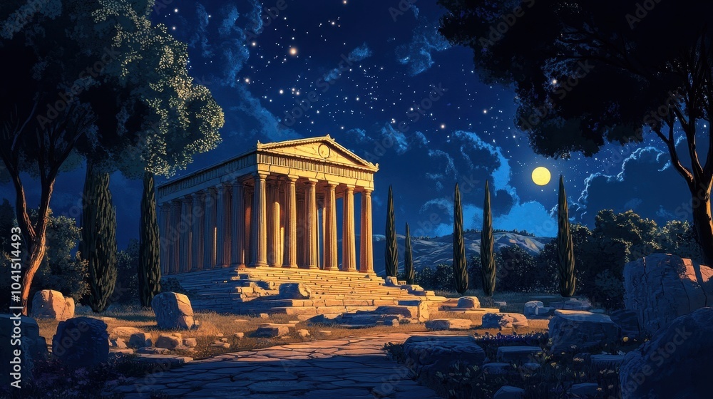 Fototapeta premium Night scene of Greek temple illuminated by soft lights casting shadows with a starry sky