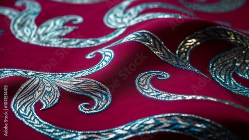 Red Fabric with Silver and Blue Floral Design