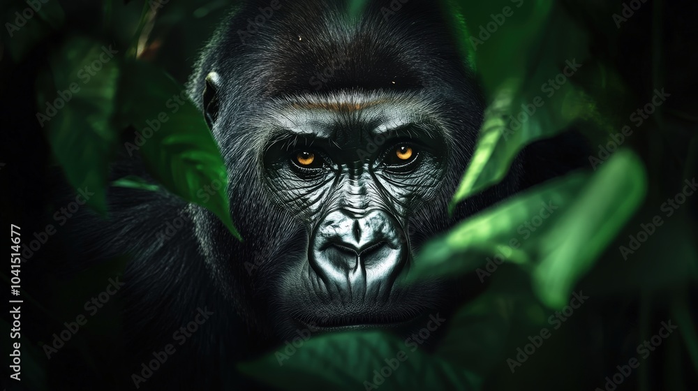 Intense Close-Up of a Gorilla in the Forest with Piercing Eyes Surrounded by Lush Green Foliage Intense Close-Up of a Gorilla in the Forest with Piercing Eyes Surrounded by Lush Green Foliage