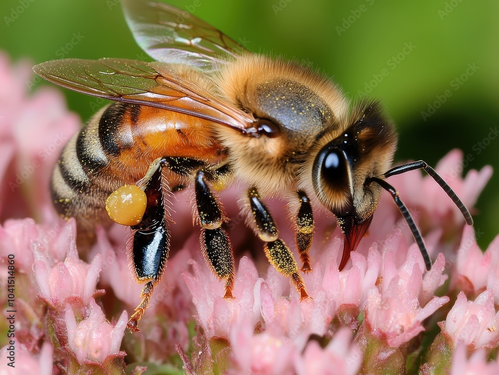 Close-up of a bee diligently gathering pollen on pink flowers, showcasing nature's intricate beauty and the essential role of pollinators in ecosystems globally. Close-up of a bee diligently gathering pollen on pink flowers, showcasing nature's intricate beauty and the essential role of pollinators in ecosystems globally.