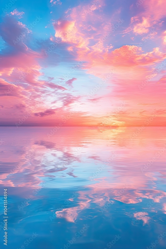Fototapeta premium Pink and blue sunset reflected in calm water.