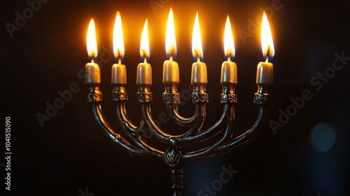 Close-Up of a Menorah with All Candles Lit for the Final Night of Hanukkah Against a Dark Background photo