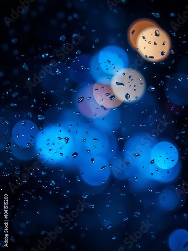 Whimsical raindrops on glass, anthropomorphic water droplets with cute faces, blue and orange glowing spheres, night sky background, starry effect, macro photography, dreamy atmosphere, magical realis