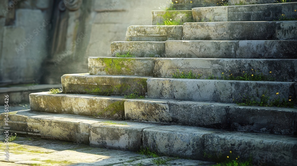 Stone steps worn by time carvings and moss visible in cracks soft morning light highlighting details Stone steps worn by time carvings and moss visible in cracks soft morning light highlighting details
