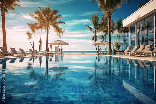 Tropical resort pool with beach view.