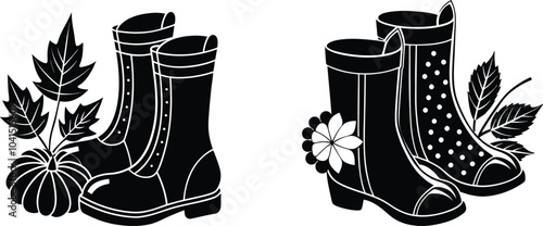 A pair of stylish rain boots surrounded by foliage and decorative elements, showcasing a blend of nature and fashion.
