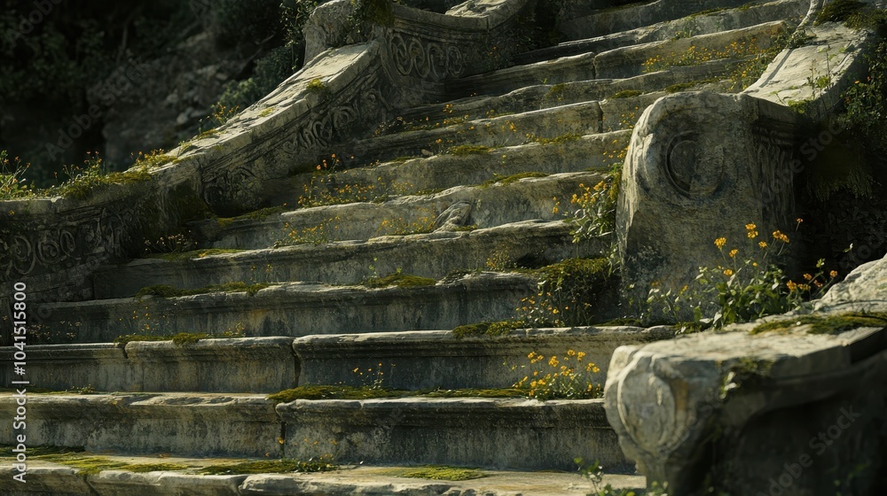 Obraz premium Greek theater’s stage weathered stone with shadows and cracks revealing its history