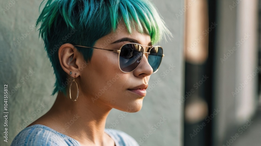 woman wearing sunglasses with light green and blue hair woman wearing sunglasses with light green and blue hair