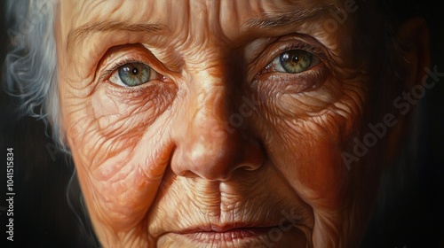 Close-Up of an Elderly Woman's Face with a Peaceful Expression and Detailed Wrinkles in Soft Lighting