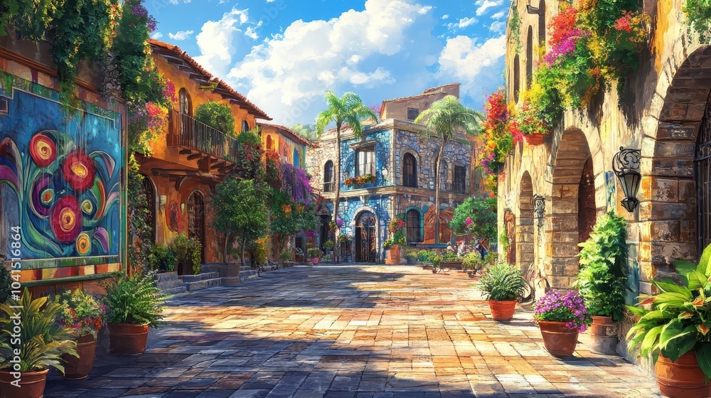 Fototapeta premium Stone buildings with murals and vibrant plants in a square lit by midday sunlight