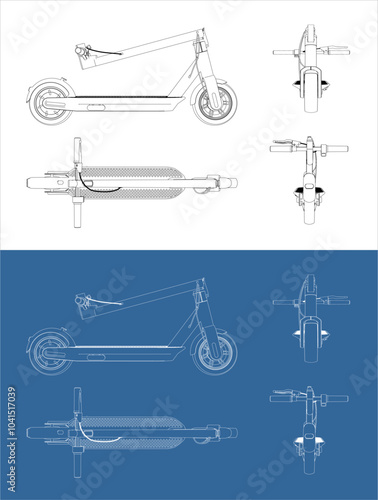 set vector folded electric scooter . modern eco friendly vehicles line art draw blueprint from all view isolated in transparent background 