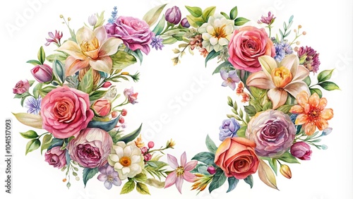 A Circular Floral Frame Composed of Delicate Watercolor Blooms, Featuring Roses, Daffodils, and Other Spring Flowers