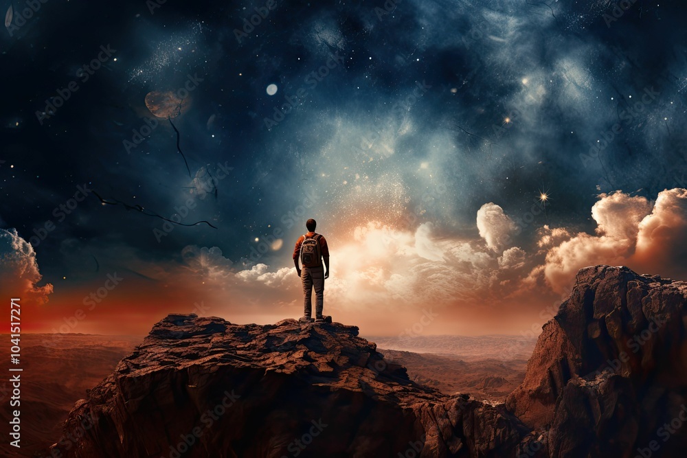 Fototapeta premium Man standing on cliff overlooking a desert landscape.