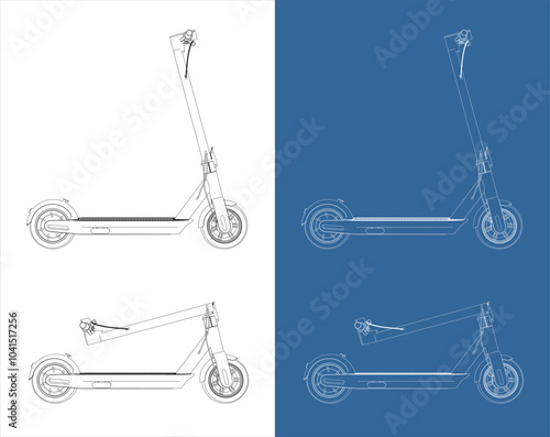 set vector folded electric scooter vector . modern eco friendly vehicles line art draw blueprint from side isolated in transparent background 