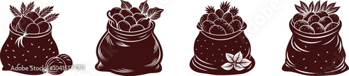 An illustration of four bags, each filled with various organic produce, reflecting a rustic, natural theme.