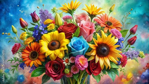 A vibrant bouquet of sunflowers, roses, and other blooms arranged in a vase, illuminated against a colorful, abstract background.