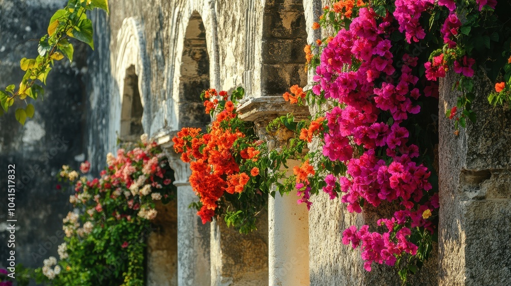 Fototapeta premium Hibiscus and bougainvillea blooms climb along agora walls their rich colors contrasting with stone