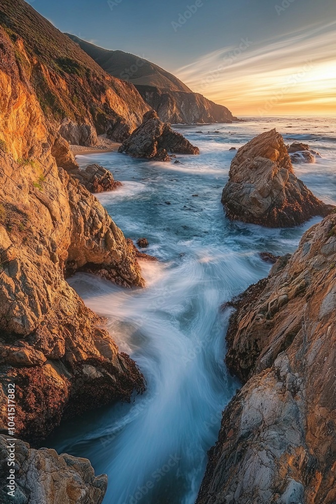 Obraz premium Long-exposure shot of water flowing down the rocks at golden hour, showcasing dramatic shapes and colors at a beach.