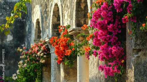 Hibiscus and bougainvillea blooms climb along agora walls their rich colors contrasting with stone