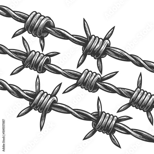 barbed wire, symbolizing security, protection, and restriction with sharp, twisted metal spikes sketch engraving generative ai vector illustration. Scratch board imitation. Black and white image.