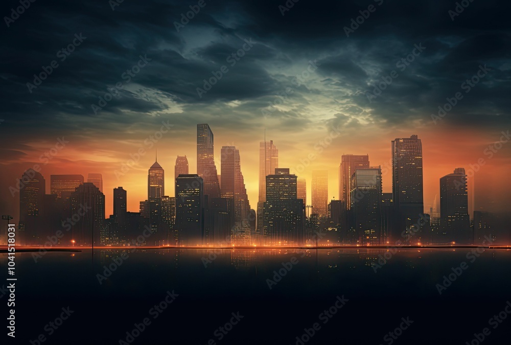 Silhouetted cityscape reflected in water. Silhouetted cityscape reflected in water.