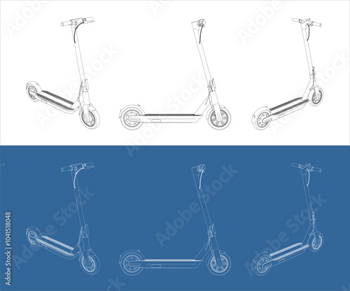 vector electric scooter modern eco friendly vehicles line art draw blueprint from side isolated in transparent background 
