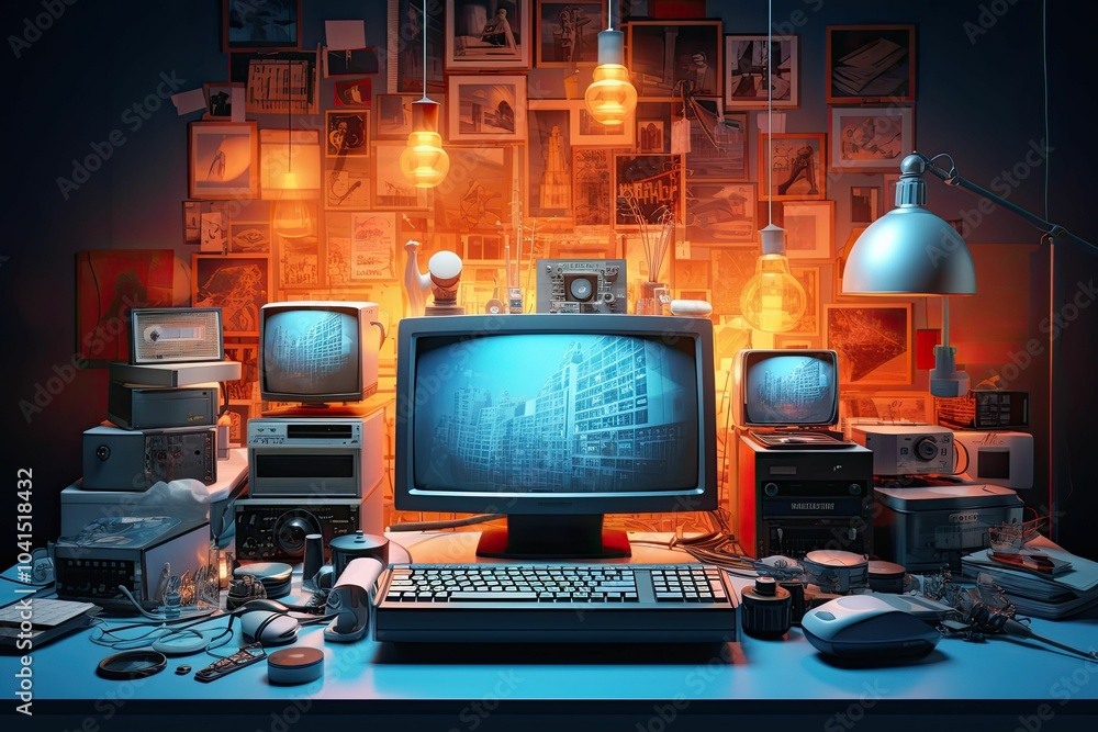 Naklejka premium Retro computer setup with glowing lamps and pictures.