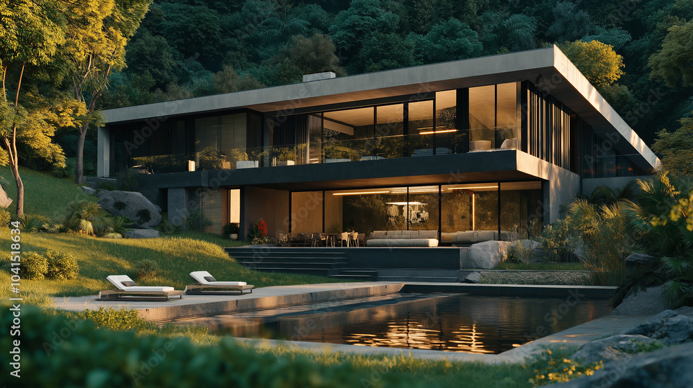 Obraz premium Modern luxury home with infinity pool and stunning views. Architectural design with sleek lines and large windows overlooking lush greenery.