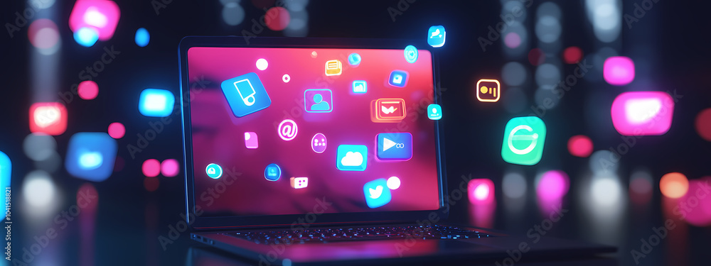 High-Tech Laptop with Floating Digital Services Icons High-Tech Laptop with Floating Digital Services Icons
