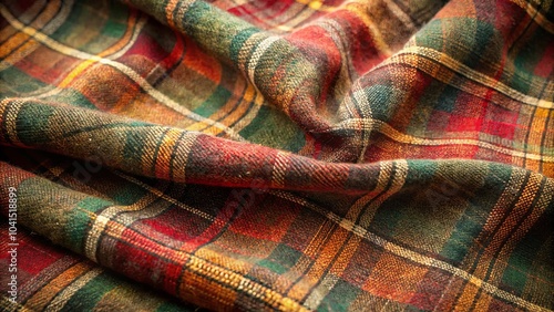 A close-up of a woven fabric with a plaid pattern in shades of red, green, and yellow, showcasing the intricate details of its textured surface.