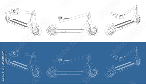 set  folded electric scooter vector . modern eco friendly vehicles line art draw blueprint from side isolated in transparent background 