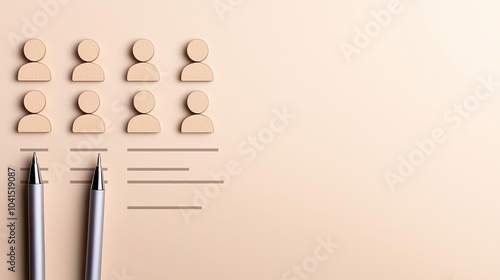 Concept of team management with wooden person icons and pens on a beige background, representing leadership and collaboration.