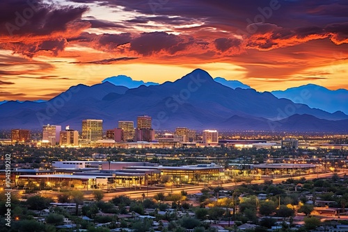 City skyline with mountains and sunset clouds.