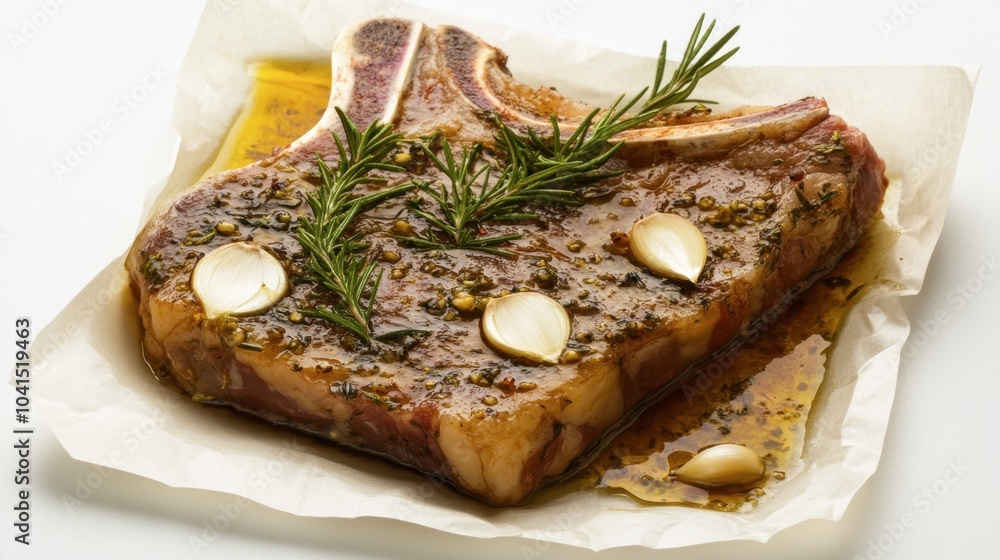 Marinated Meat with Herbs and Garlic on White Background Marinated Meat with Herbs and Garlic on White Background