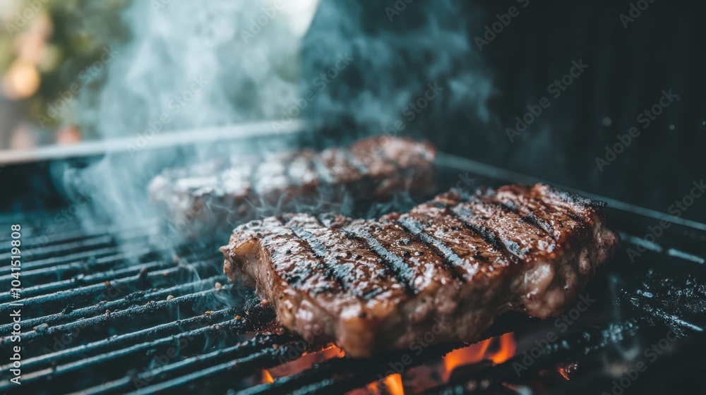 Grilled Steak Sizzling on a Barbecue Grill Grilled Steak Sizzling on a Barbecue Grill