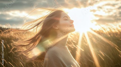 Young woman with flowing hair enjoying sunlight in a golden field, serene expression and a peaceful ambiance during sunset