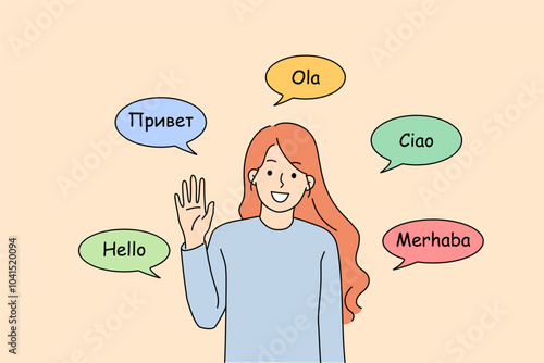 Polyglot woman says hello in different languages and waves hand in friendly manner