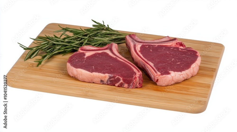 Fresh Cut Meat with Rosemary on Wooden Board Fresh Cut Meat with Rosemary on Wooden Board
