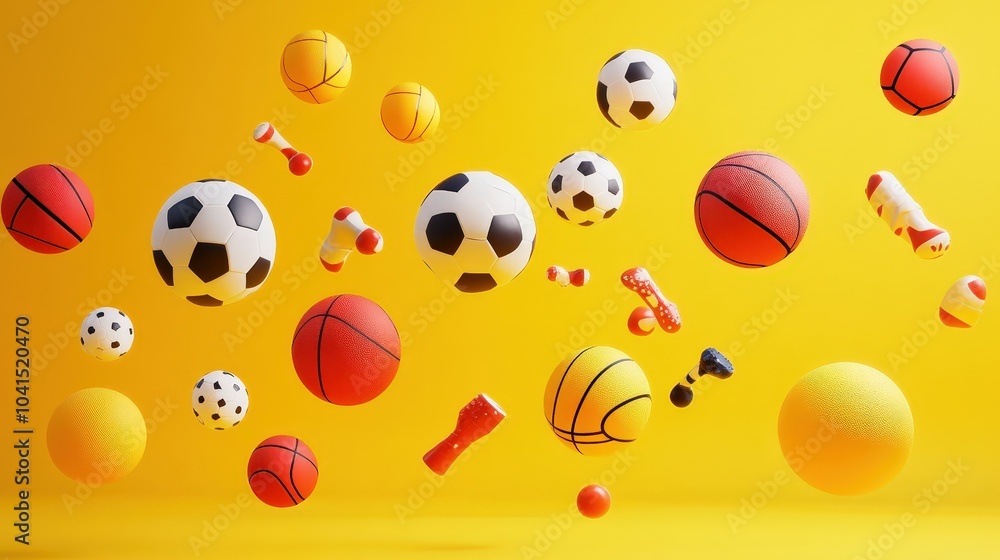 Naklejka premium Dynamic composition of various sports balls including soccer, basketball, rugby, and volleyball on a vibrant yellow background