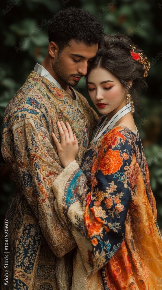 Algerian man in djellaba with Korean woman in hanbok. Algerian man in djellaba with Korean woman in hanbok.