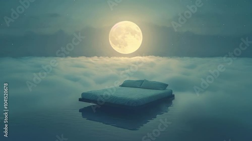 A bed floating among soft clouds beneath a full moon, creating a surreal and dreamy night scene, evoking tranquility and wonder.