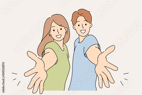 Welcoming gesture made by man and woman inviting you to visit or wanting to hug friends