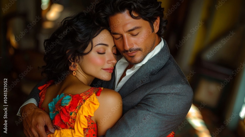 Fototapeta premium A Colombian woman in a colorful dress hugs an Italian man in a tailored suit.