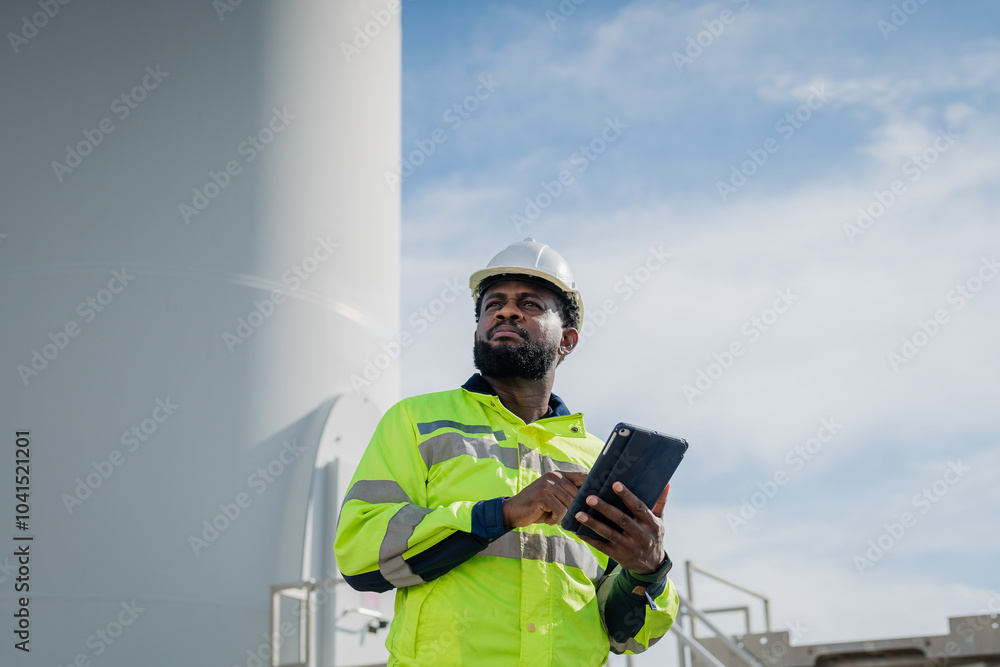 A man in a yellow safety vest is holding a tablet and looking up at a large structure. electrical, engineer, environment, energy, clean, sustainable, wind turbine, nature A man in a yellow safety vest is holding a tablet and looking up at a large structure. electrical, engineer, environment, energy, clean, sustainable, wind turbine, nature